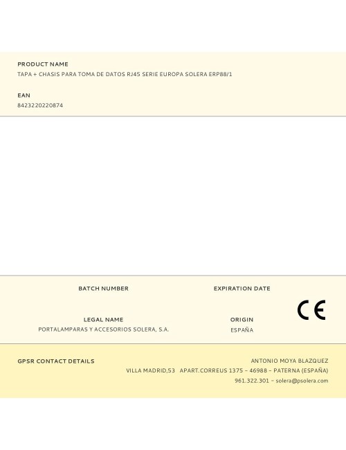 Tapa + chasis para toma de datos rj45 serie europa solera erp88/1