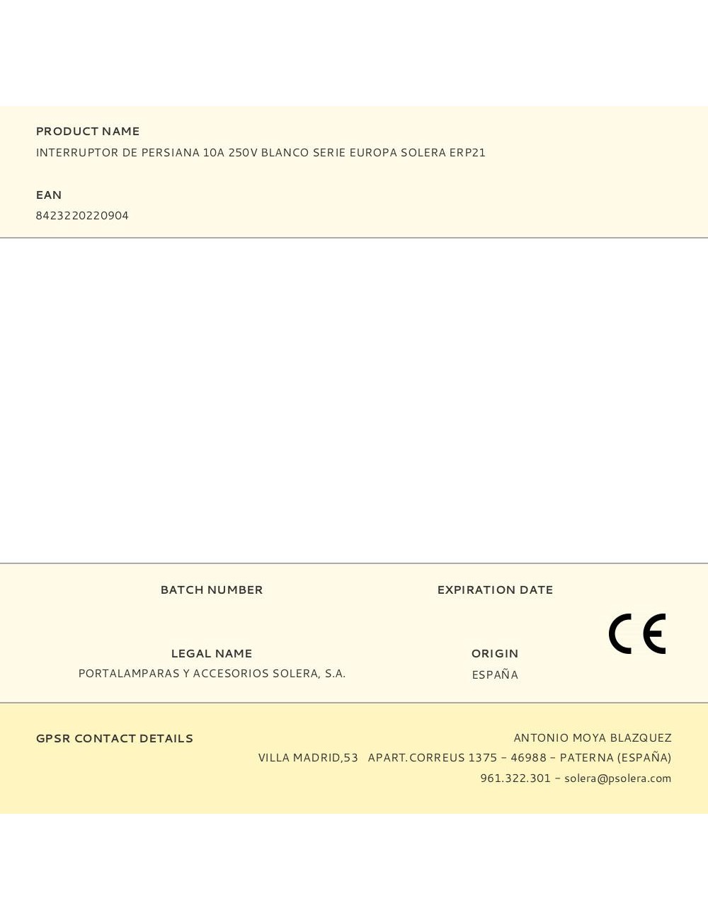 Interruptor de persiana 10a 250v blanco serie europa solera erp21