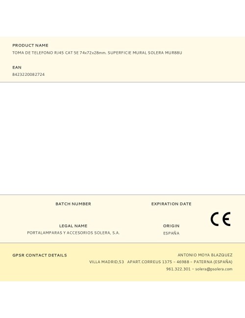 Toma de telefono rj45 cat 5e 74x72x28mm. superficie mural solera mur88u