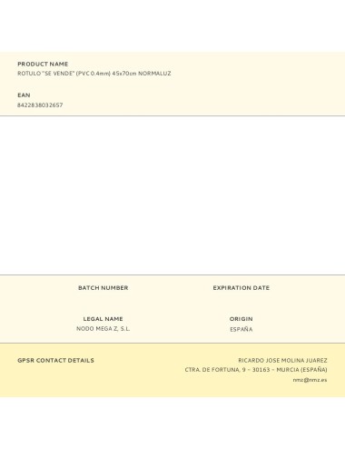 Rotulo "se vende" (pvc 0.4mm) 45x70cm normaluz