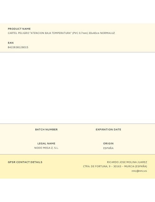 Cartel peligro "atencion baja temperatura" (pvc 0.7mm) 30x40cm normaluz