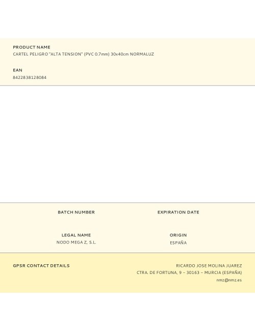 Cartel peligro "alta tension" (pvc 0.7mm) 30x40cm normaluz