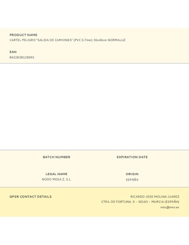 Cartel peligro "salida de camiones" (pvc 0.7mm) 30x40cm normaluz