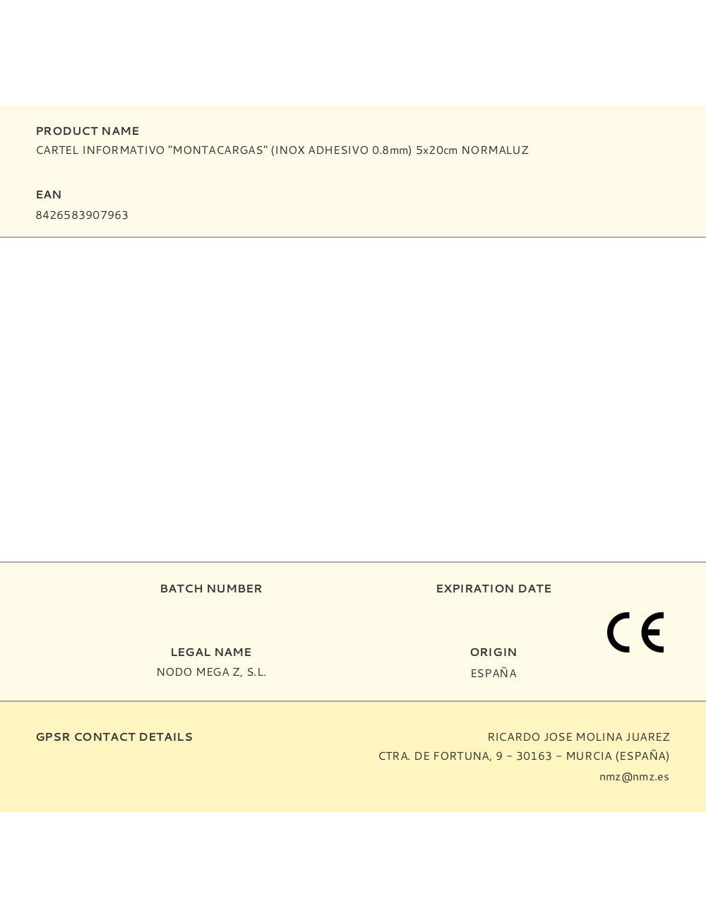 Cartel informativo "montacargas" (inox adhesivo 0.8mm) 5x20cm normaluz