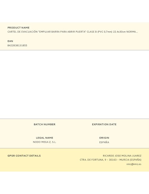 Cartel de evacuación "empujar barra para abrir puerta" clase b (pvc 0,7mm) 22.4x30cm normaluz