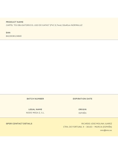 Cartel "es obligatorio el uso de gafas" (pvc 0,7mm) 30x40cm normaluz