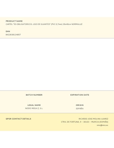 Cartel "es obligatorio el uso de guantes" (pvc 0,7mm) 30x40cm normaluz