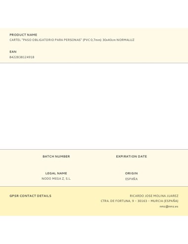 Cartel "paso obligatorio para personas" (pvc 0,7mm) 30x40cm normaluz