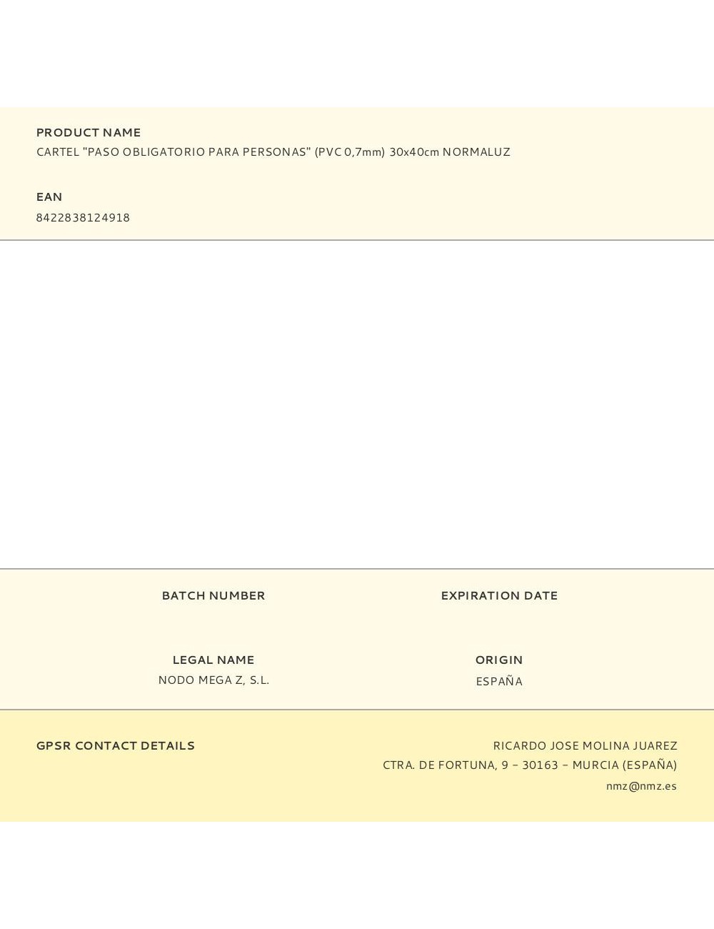 Cartel "paso obligatorio para personas" (pvc 0,7mm) 30x40cm normaluz