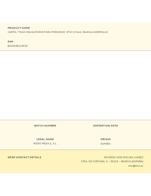 Cartel "paso obligatorio para personas" (pvc 0,7mm) 30x40cm normaluz