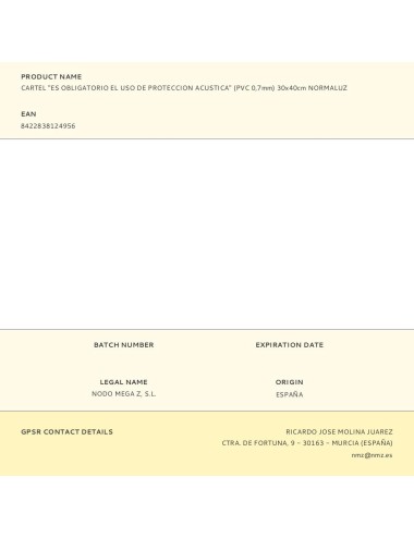 Cartel "es obligatorio el uso de proteccion acustica" (pvc 0,7mm) 30x40cm normaluz