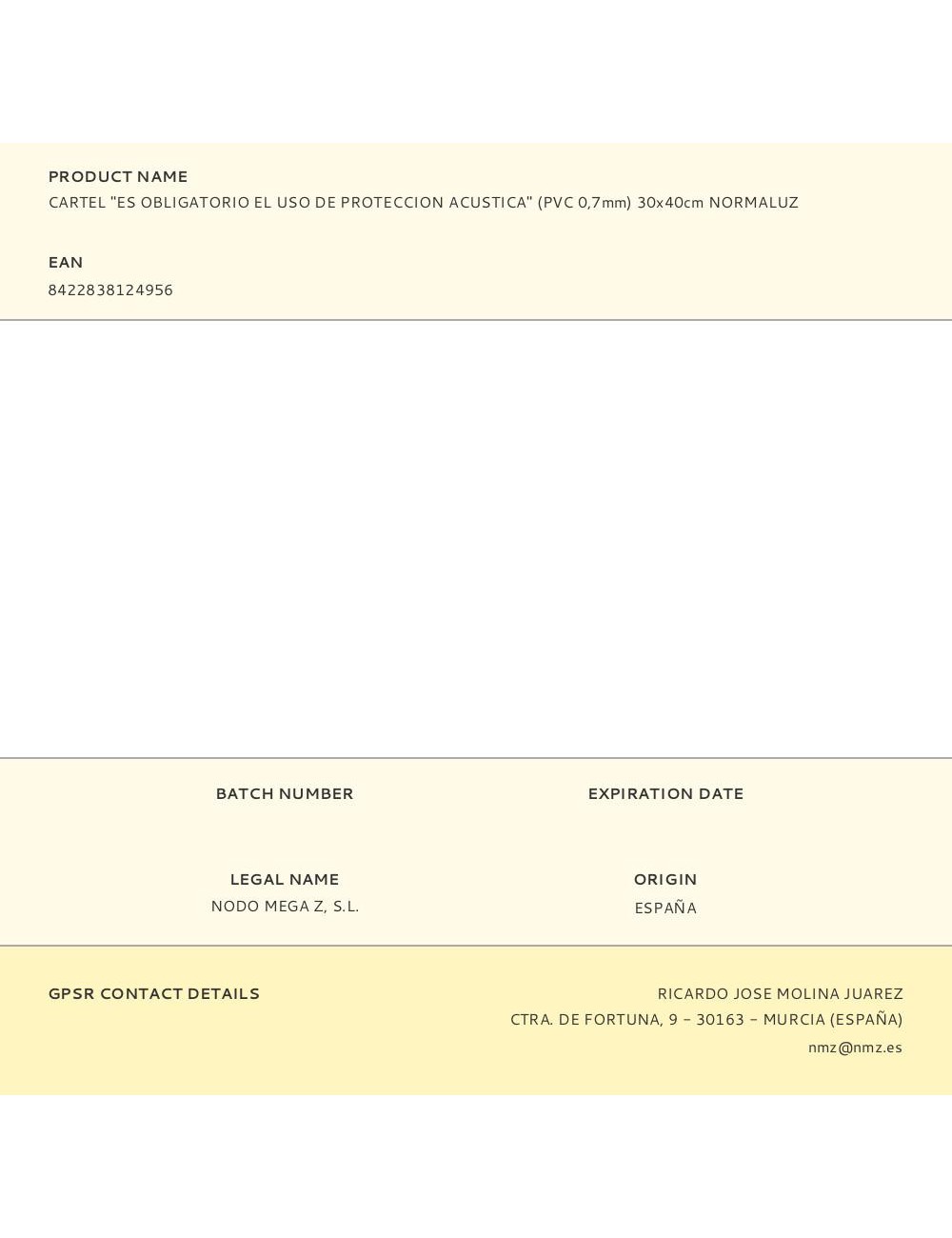 Cartel "es obligatorio el uso de proteccion acustica" (pvc 0,7mm) 30x40cm normaluz