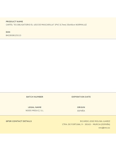 Cartel "es obligatorio el uso de mascarilla" (pvc 0,7mm) 30x40cm normaluz