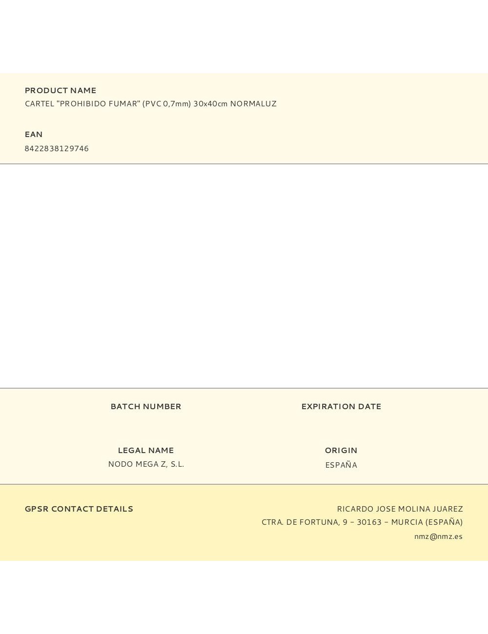 Cartel "prohibido fumar" (pvc 0,7mm) 30x40cm normaluz