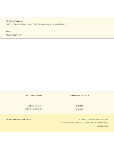 Cartel "prohibido el paso" (pvc 0,7mm) 30x40cm normaluz