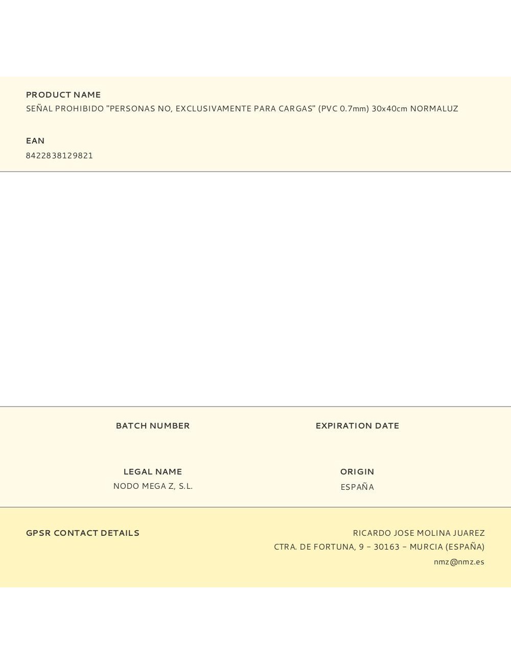 Señal prohibido "personas no, exclusivamente para cargas" (pvc 0.7mm) 30x40cm normaluz