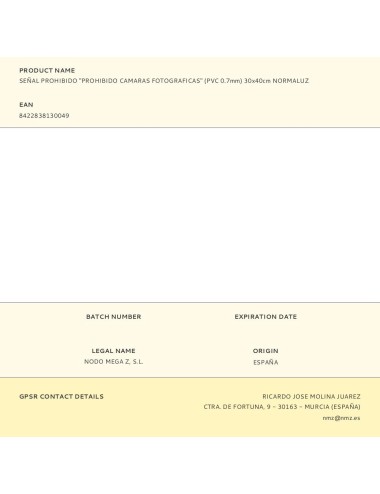 Señal prohibido "prohibido camaras fotograficas" (pvc 0.7mm) 30x40cm normaluz