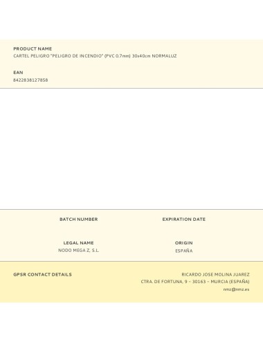 Cartel peligro "peligro de incendio" (pvc 0.7mm) 30x40cm normaluz