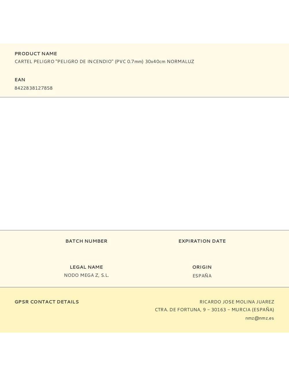 Cartel peligro "peligro de incendio" (pvc 0.7mm) 30x40cm normaluz