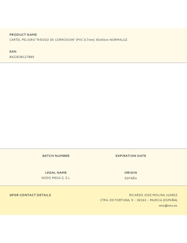 Cartel peligro "riesgo de corrosion" (pvc 0.7mm) 30x40cm normaluz