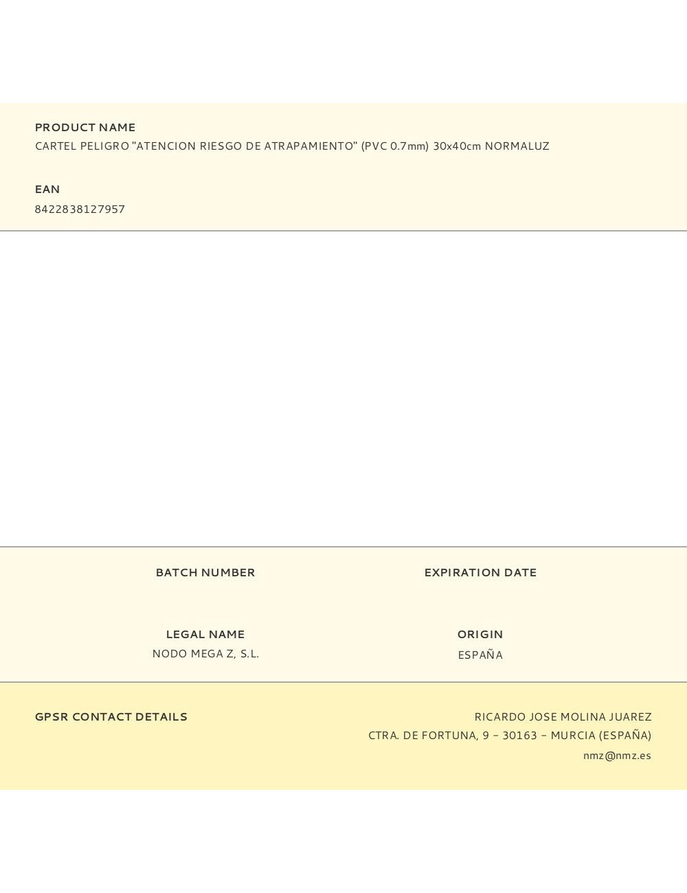 Cartel peligro "atencion riesgo de atrapamiento" (pvc 0.7mm) 30x40cm normaluz