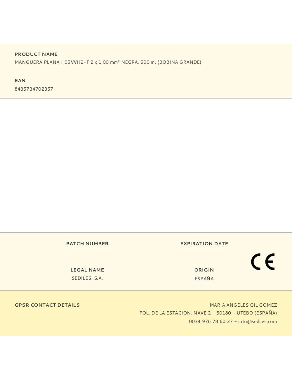 Manguera plana h05vvh2-f 2 x 1,00 mm negra, 500 m. (bobina grande)