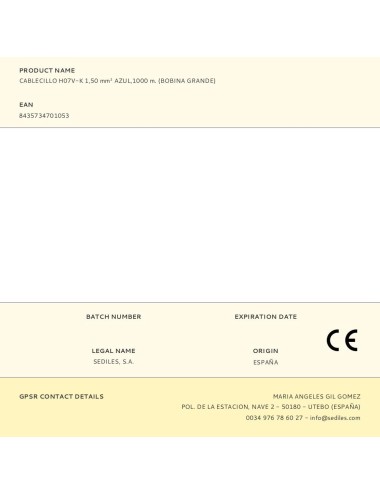 Cablecillo h07v-k 1,50 mm azul,1000 m. (bobina grande)