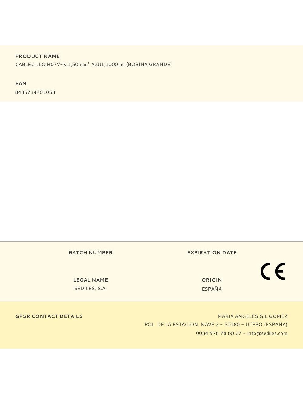 Cablecillo h07v-k 1,50 mm azul,1000 m. (bobina grande)