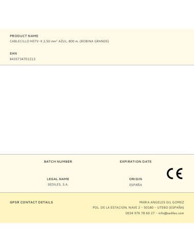 Cablecillo h07v-k 2,50 mm azul, 800 m. (bobina grande)