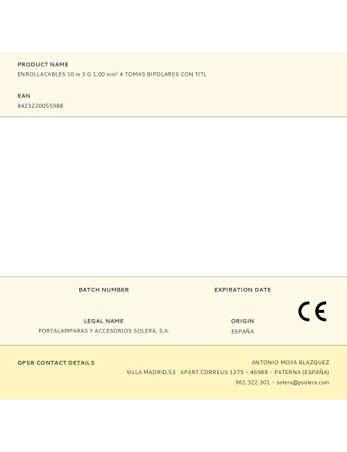 Enrollacables 10 m 3 g 1,00 mm 4 tomas bipolares con t/tl