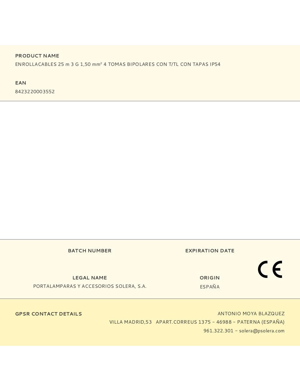 Enrollacables 25 m 3 g 1,50 mm 4 tomas bipolares con t/tl con tapas ip54