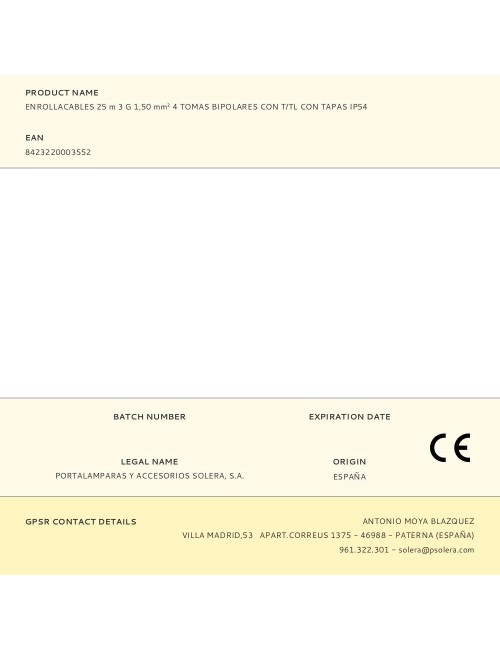 Enrollacables 25 m 3 g 1,50 mm 4 tomas bipolares con t/tl con tapas ip54