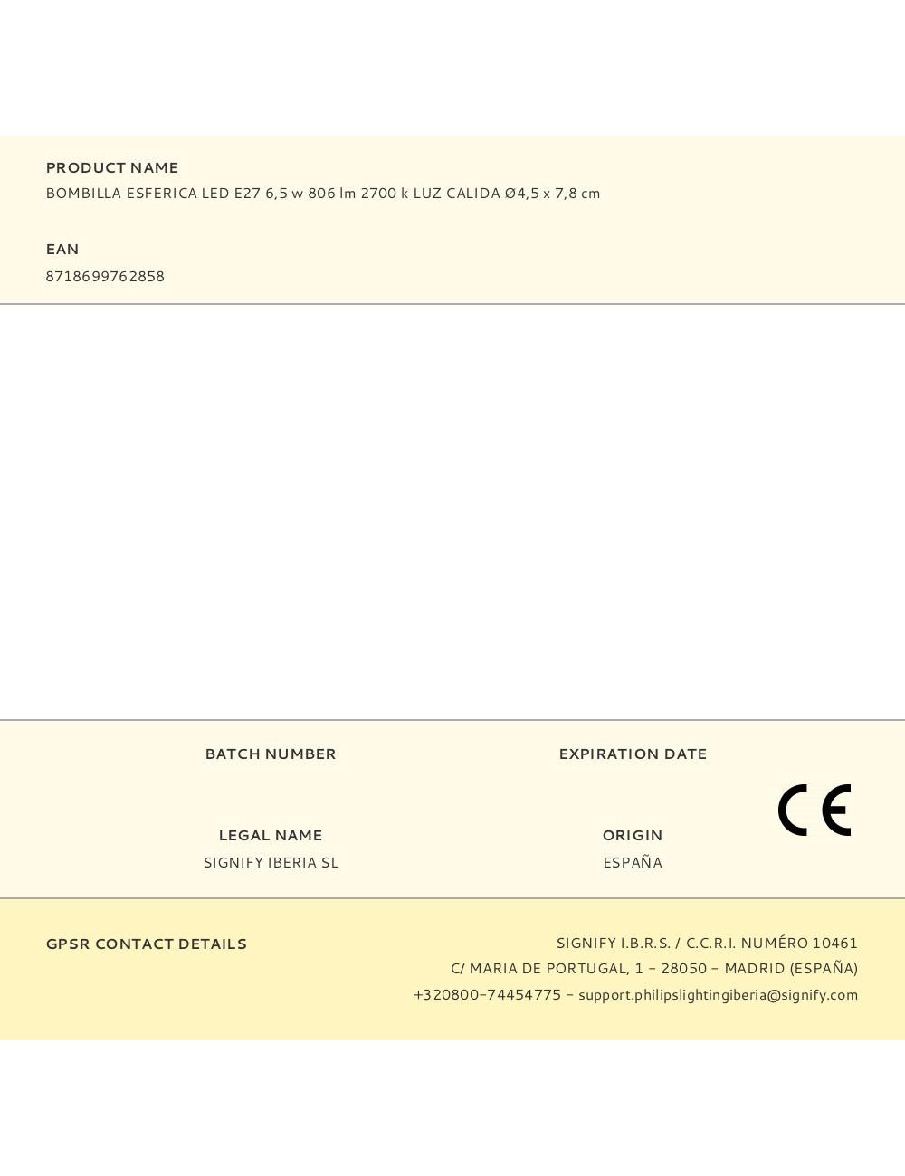 Bombilla esferica led e27 6,5 w 806 lm 2700 k luz calida ø4,5 x 7,8 cm