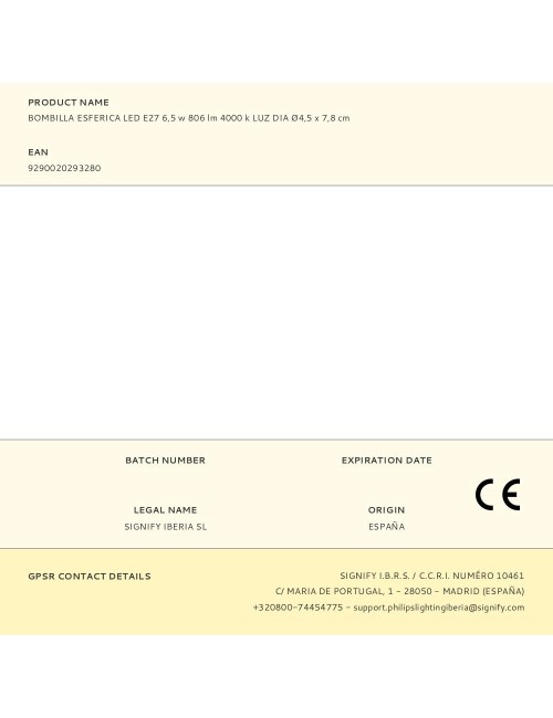 Bombilla esferica led e27 6,5 w 806 lm 4000 k luz dia ø4,5 x 7,8 cm