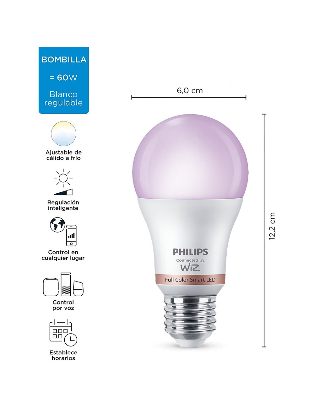 Bombilla inteligente standard e27 8,5 w 806 lm 2200-6500 k full colors