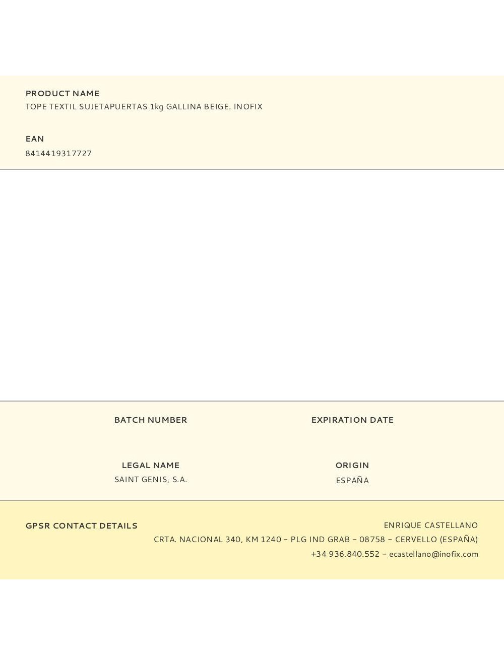 Tope textil sujetapuertas 1kg gallina beige. inofix