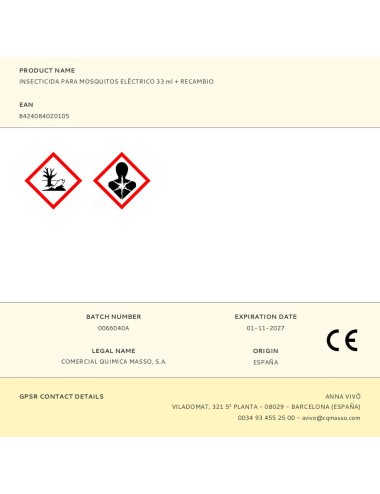 Insecticida para mosquitos eléctrico 33 ml + recambio