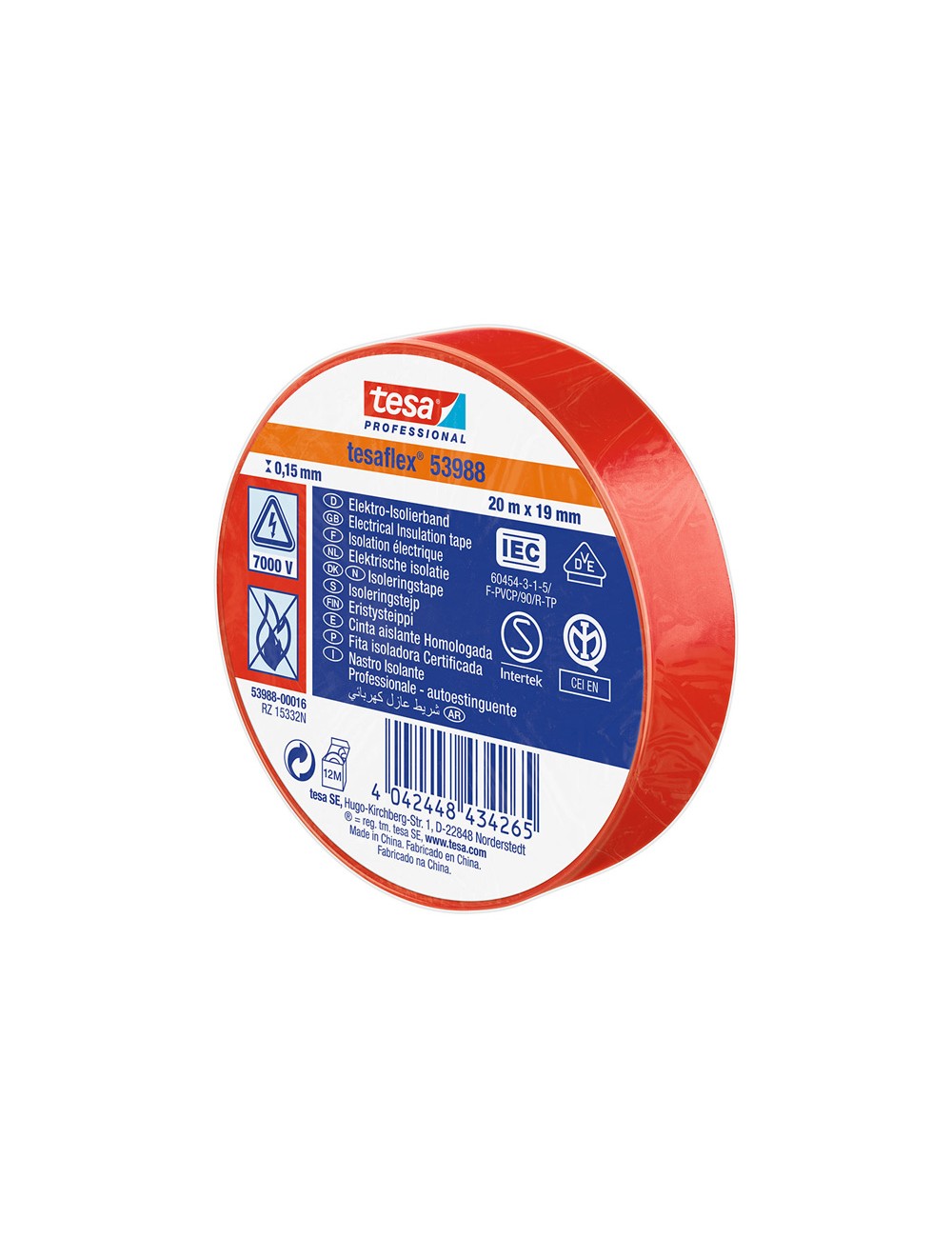 Cinta aislante homologada roja 19 mm x 20 m