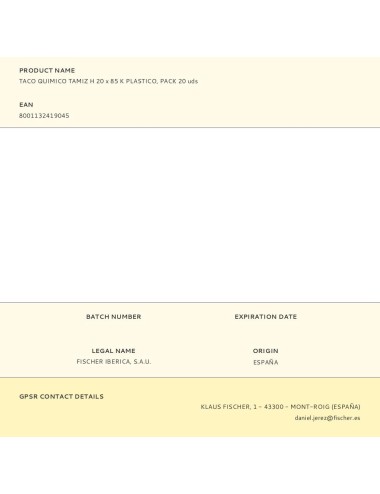 Taco quimico tamiz h 20 x 85 k plastico, pack 20 uds