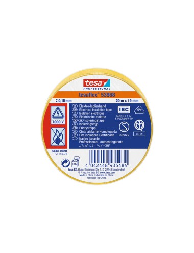 Cinta aislante homologada amarilla 19 mm x 20 m