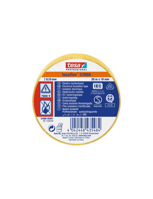 Cinta aislante homologada amarilla 19 mm x 20 m