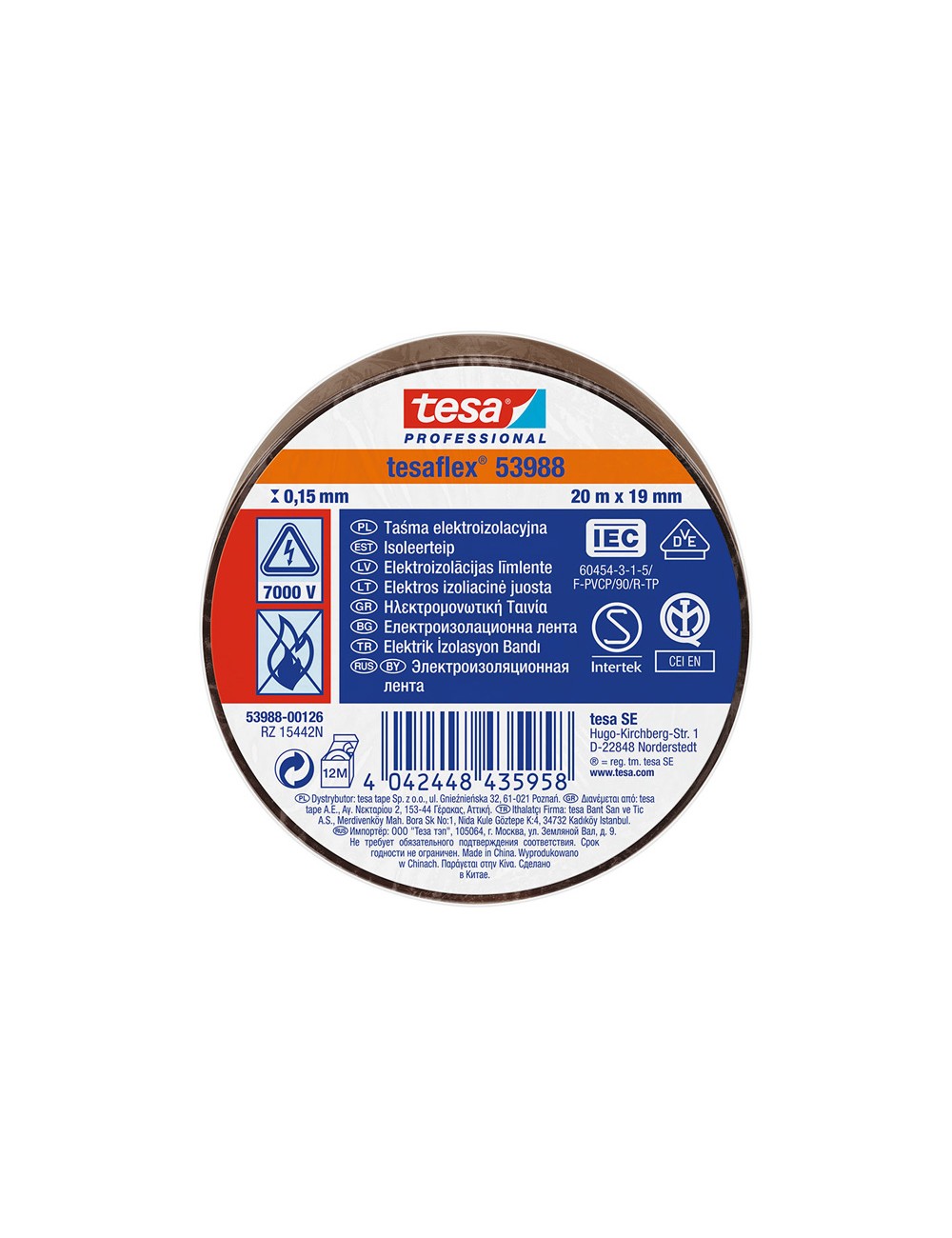 Cinta aislante homologada marrón 19 mm x 20 m