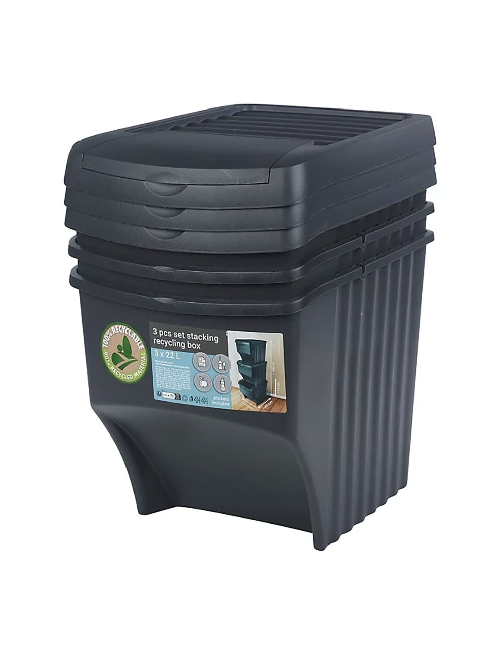 Sistema de 3 cubos apilables para reciclaje 39,2 x 29,3 x 45,6 cm, 3 x 22 l