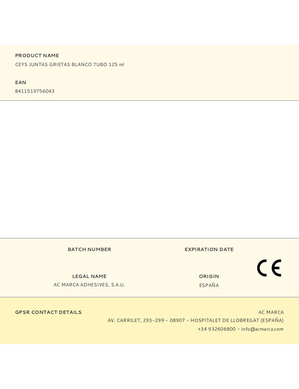 Masilla acrílica para juntas grietas interior blanco tubo 125 ml