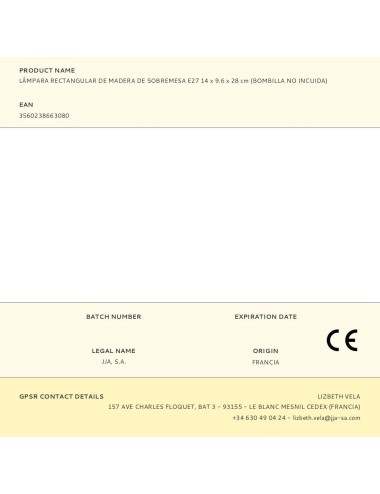 Lámpara rectangular de madera de sobremesa e27 14 x 9.6 x 28 cm (bombilla no incuida)