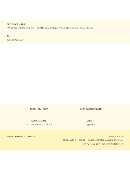 Tacos golpe ø5 x 50 mm + tornillos cabeza plana ø5 x 50 mm, caja 100 uds