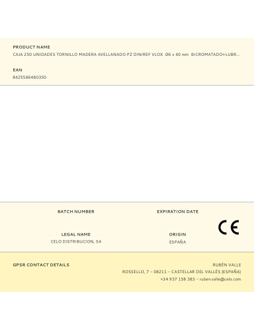 Caja 250 unidades tornillo madera avellanado pz din/ref vlox ø6 x 40 mm bicromatado+lubr.