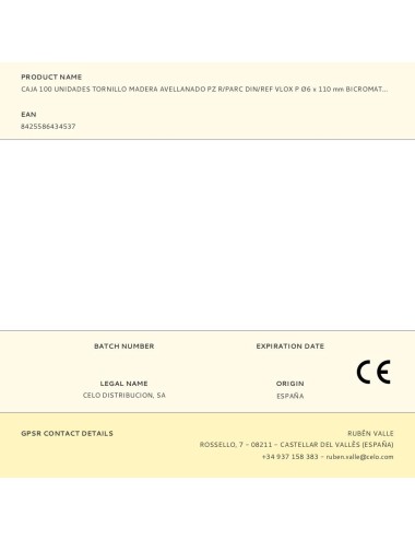 Caja 100 unidades tornillo madera avellanado pz r/parc din/ref vlox p ø6 x 110 mm bicromatado