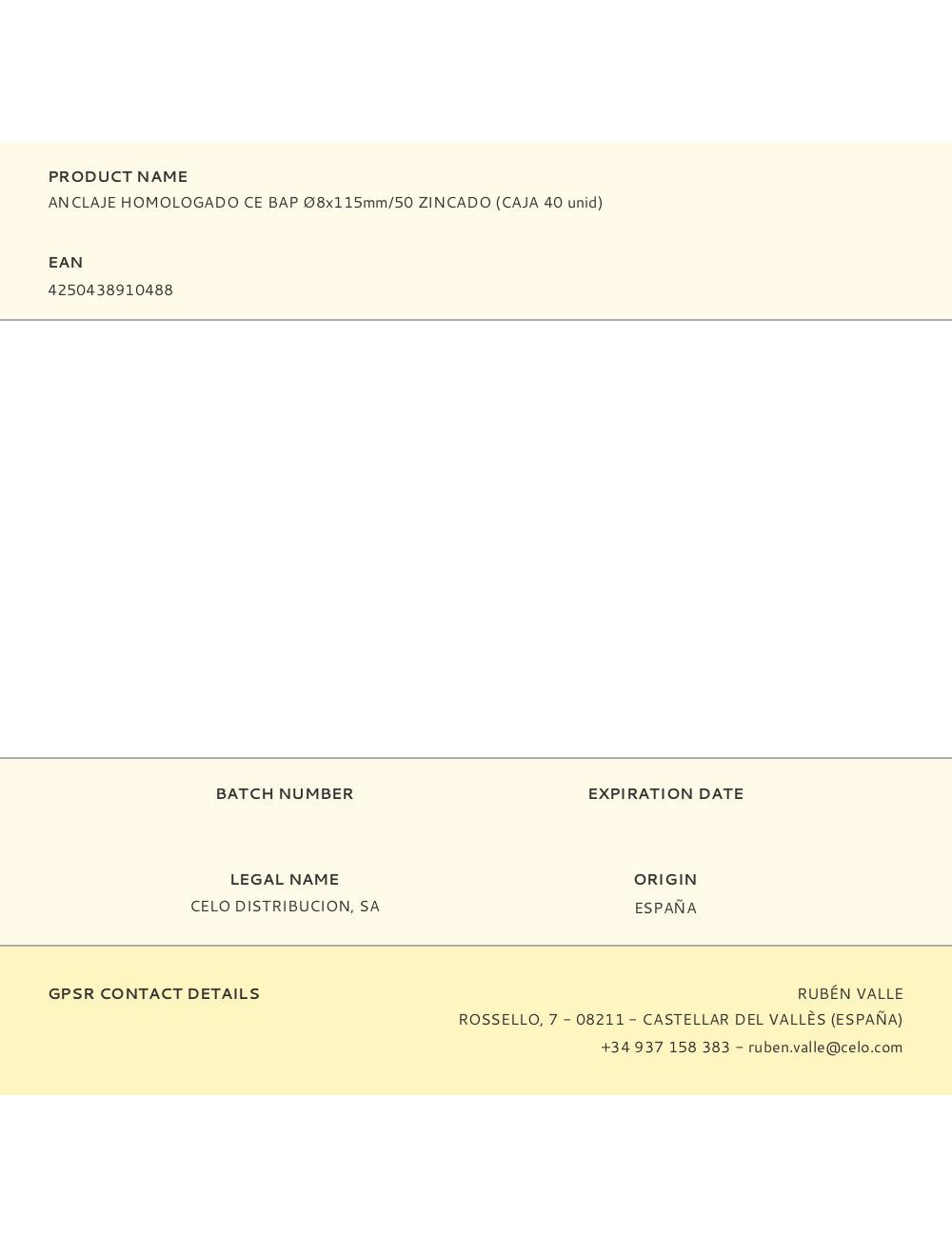 Anclaje homologado ce bap ø8 x 115 mm/50 zincado, caja 40 uds