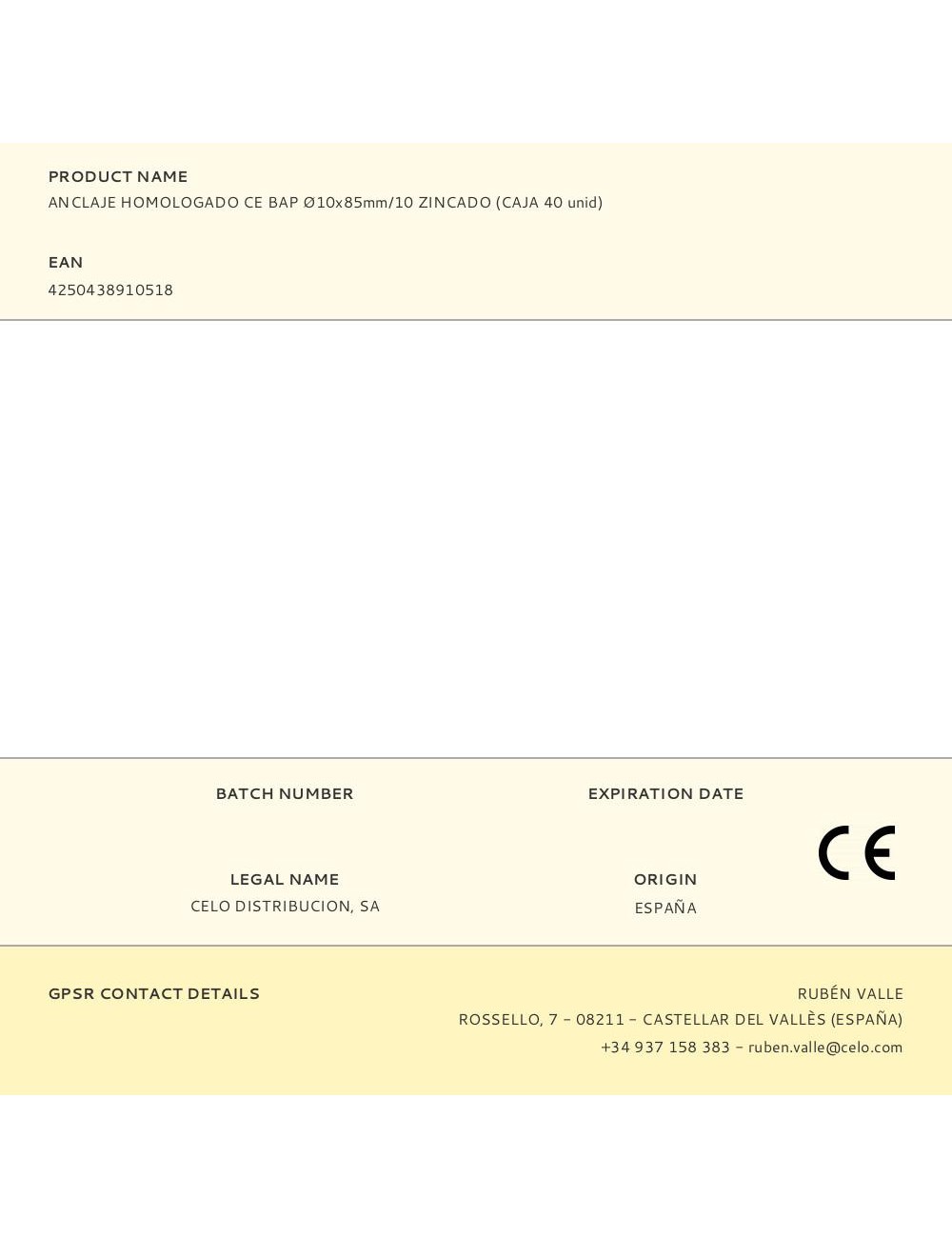 Anclaje homologado ce bap ø10 x 85 mm/10 zincado, caja 40 uds